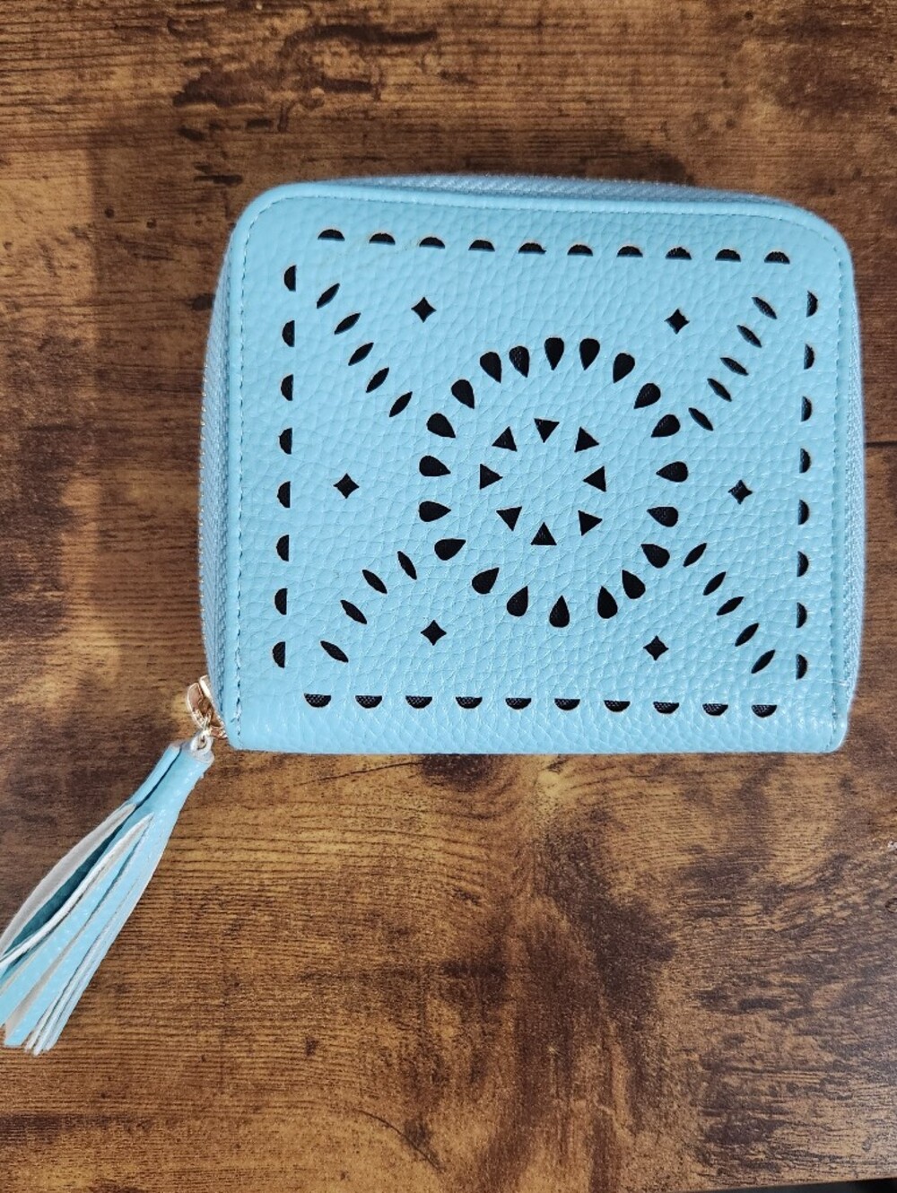 Cleobella Sky Blue Laser-Cut Zip Wallet with Tassel
